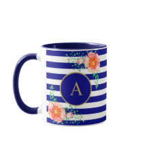 Vintage Floral Gold Monogram Navy Strip