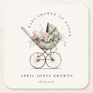 Vintage Floral Grün Blush Kinderwagen Baby-Party Rechteckiger Pappuntersetzer