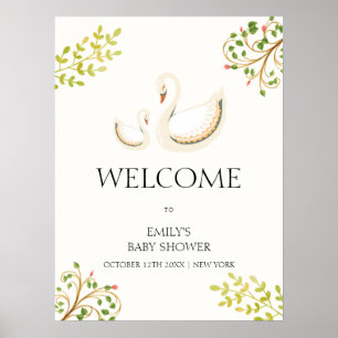 Vintage Floral Grünzeug Schwan Baby Shower Willkom Poster
