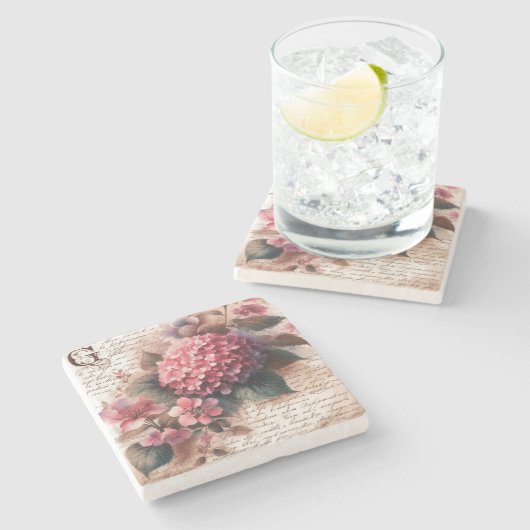 Vintage Floral Hydrangea Script Letter Steinuntersetzer (Seitenansicht)