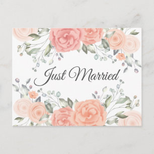 Vintage Floral Just Married Pink Rose Wasserfarbe Ankündigungspostkarte