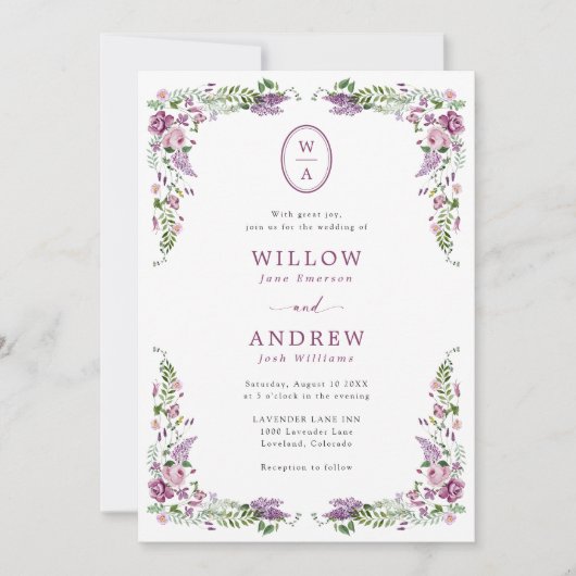 Vintage Floral Monogram Wedding Einladung (Vorderseite)