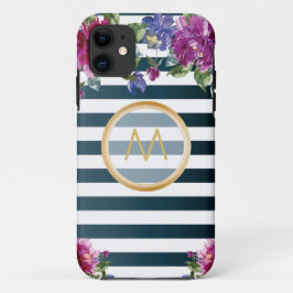 Vintage Floral Monogramm Streifen blau weiß Case-Mate iPhone Hülle