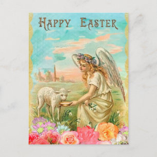 Vintage Floral Osterlamm und Engel Feiertagspostkarte