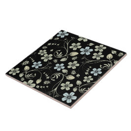 Vintage Floral Pattern with Ladybugs on Black Fliese