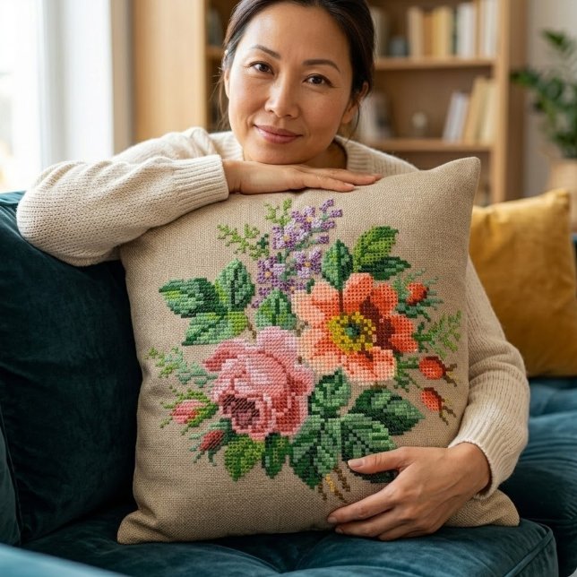 Vintage Floral Peach & Pink Flower Needlepoint Kissen (Von Creator hochgeladen)