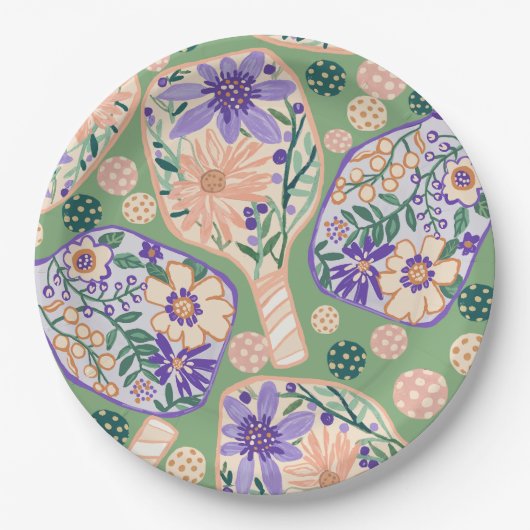 Vintage Floral Pickleball Design Pappteller (Vorderseite)