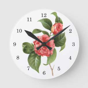 Vintage Floral, Pink Camellia Flowers by Redoute Runde Wanduhr