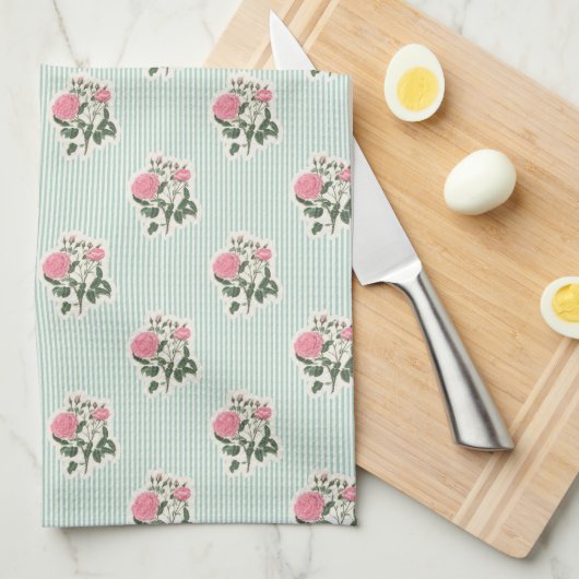 Vintage Floral Pink Roses Green Striped Geschirrtuch (Viertel Falte)