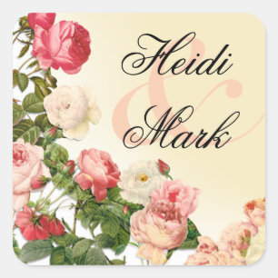 Vintage Floral Romance Pink Rosen Elfenbein Quadratischer Aufkleber