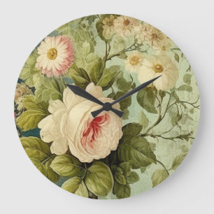 Vintage Floral Rose Grünzeug  Große Wanduhr