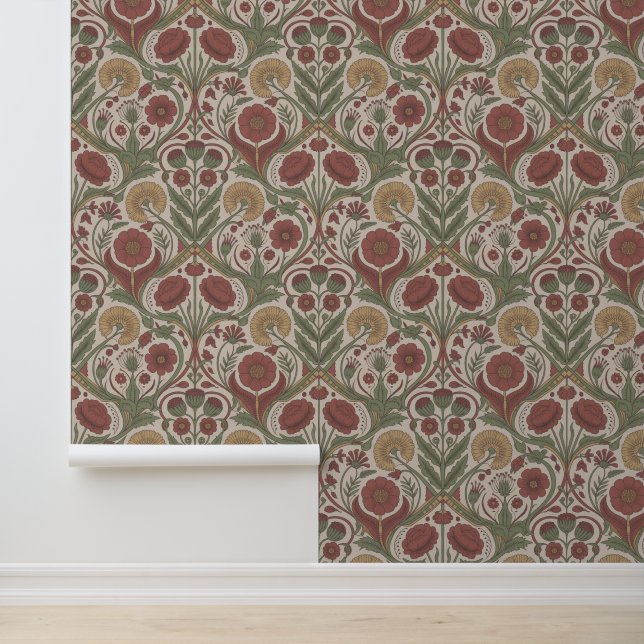 Vintage Floral Rot Grün Boho Chic Tapete (Anwendung)