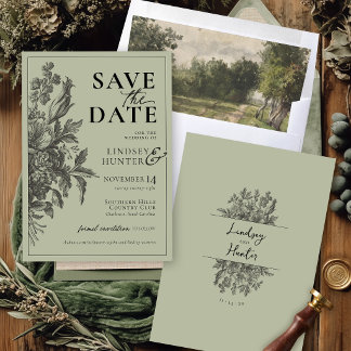 Vintage Floral Salbei Grün Boho Monogramm Hochzeit Save The Date