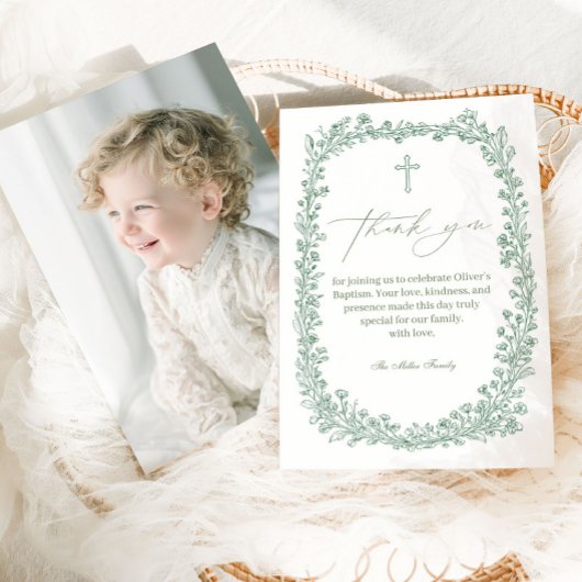 Vintage Floral Toile Baptism Dankeskarte