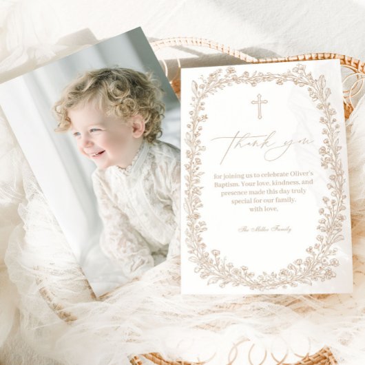 Vintage Floral Toile Baptism Dankeskarte