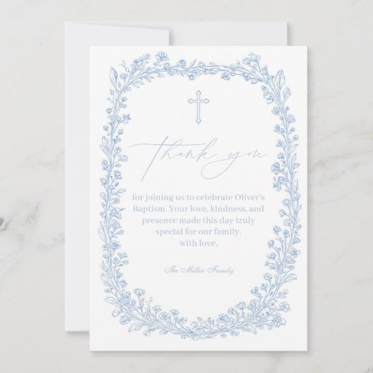 Vintage Floral Toile Light Blue Baptism Dankeskarte (Vorderseite)