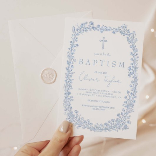 Vintage Floral Toile Light Blue Baptism Einladung