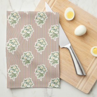 Vintage Floral White Roses Brown Striped Geschirrtuch