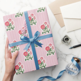 Vintage Floral Wild Roses Pink Stripes Pattern Geschenkpapier