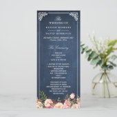 Vintage Florale Blaue Kreidetafel Hochzeitsprogram Programm (Stehend Vorderseite)