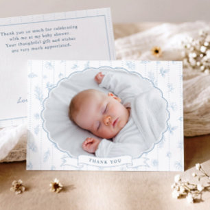 Vintage Florale Blaue Ovale Foto-Baby-Party Dankeskarte