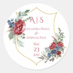 Vintage Florale Magenta-Wappen-Monogramm-Hochzeit Runder Aufkleber
