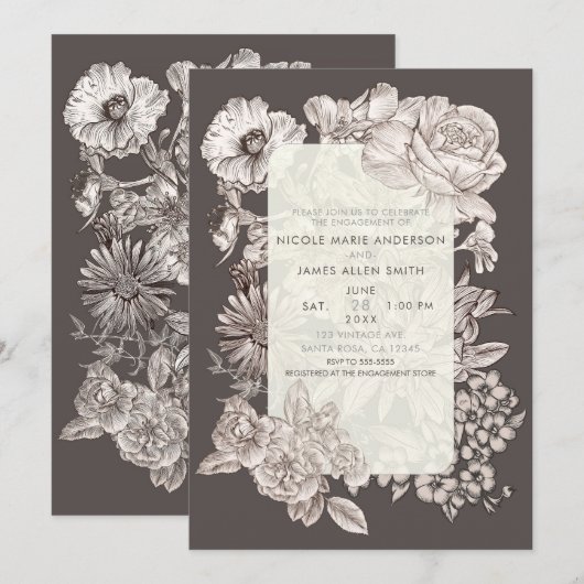Vintage florale Moderne Elfenbein & Graue Verlobun Einladung (Vorne/Hinten)