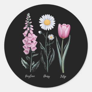 Vintage florale Pflanze Foxglove Daisy Tulip Blume Runder Aufkleber