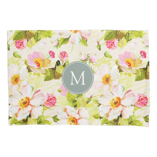 Vintage florale Rose Peongram Monogram Kissenfall Kissenbezug (Vorderseite)