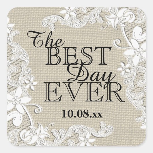 Vintage florale Rustikale Burlap Quadratischer Aufkleber (Vorderseite)