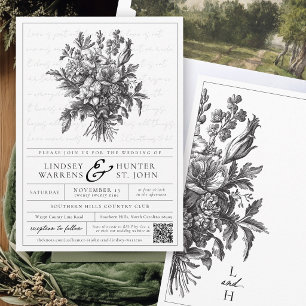 Vintage Florale Schwarz-Weiße Christliche Hochzeit Einladung