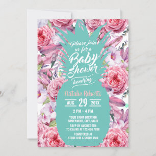 Vintage Florale Tropische Teal Ananas Baby Shower Einladung