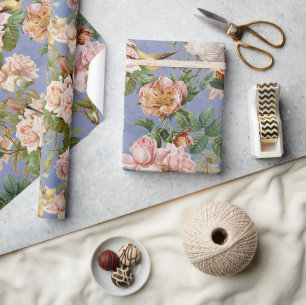 Vintage Florale Vögel Cottagecore Blau Decoupage Geschenkpapier