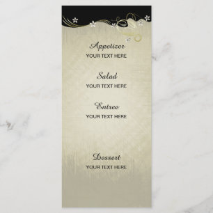 Vintage florale Wirbel   Schwarz, Gold, Weiß Menükarte