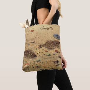 Vintage Floundern, Meeresfauna und -flatter Tasche
