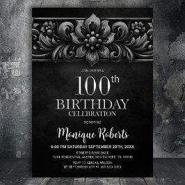 Vintage Flower Black 100th Birthday Party Einladung