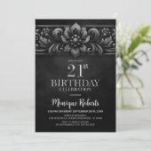Vintage Flower Black 21st Birthday Party Einladung (Stehend Vorderseite)