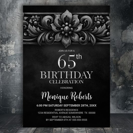 Vintage Flower Black 65th Birthday Party Einladung