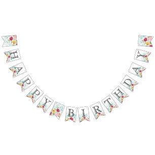 Vintage Flowers Happy Birthday-Banner Wimpelkette
