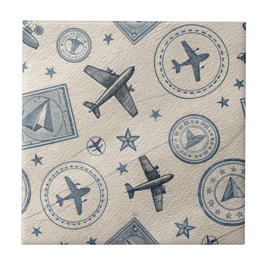 Vintage-Flugreise-Pass-Stempel-Muster (1) Fliese (Vorderseite)