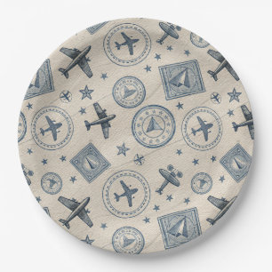 Vintage-Flugreise-Pass-Stempel-Muster (1) Pappteller