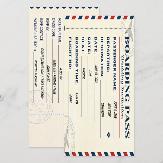 Vintage-Flugticket-Hochzeitsurkunde Save The Date (Vorne/Hinten)