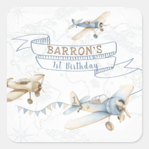 Vintage-Flugzeug Aviator Pilot 1. Geburtstag Quadratischer Aufkleber