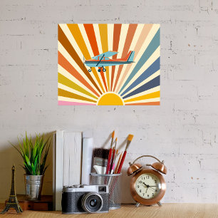 Vintage Flugzeug Cessna Retro Sonnenuntergang Bunt Poster