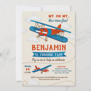 Vintage-Flugzeug-Einladungen zum 2. Geburtstag Einladung
