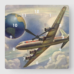 Vintage-Flugzeug fliegt um die Welt durch die Wolk Quadratische Wanduhr