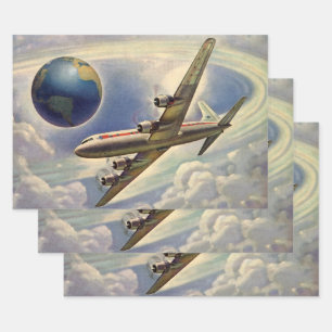 Vintage-Flugzeug fliegt um die Welt in Wolken Geschenkpapier Set