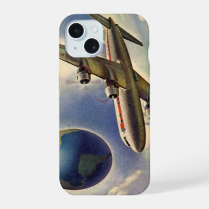 Vintage-Flugzeug fliegt um die Welt in Wolken iPhone 15 Hülle
