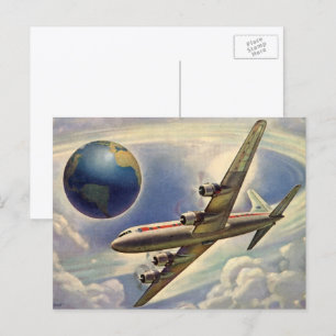 Vintage-Flugzeug fliegt um die Welt in Wolken Postkarte