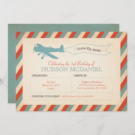 Vintage Flugzeug-Kindergeburtstag-Party Einladung (Vorne/Hinten)